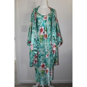 VTG Expressions California Dynasty Teal Nightgown &‎ Robe Set Tropical S/M
